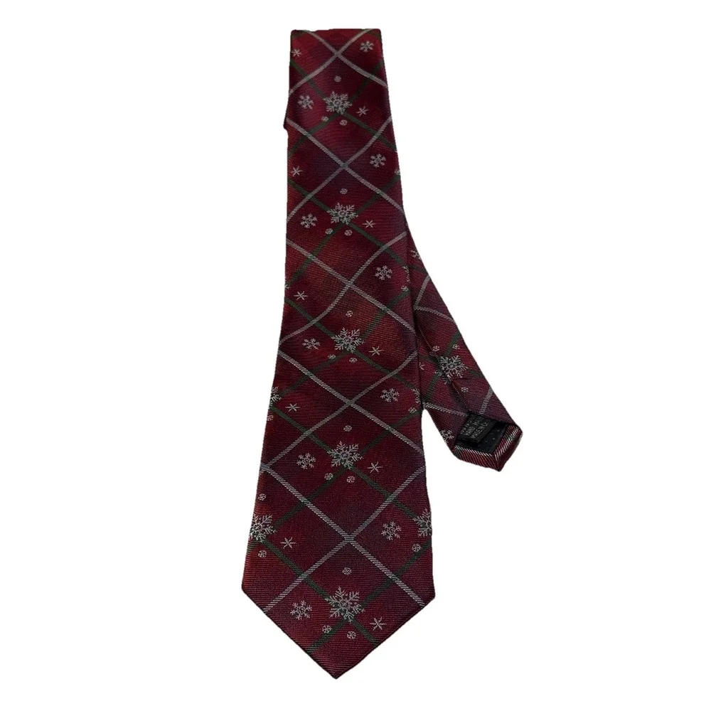 Silk Red Christmas Necktie Green White Plaid Snowflake Pattern Holiday Tie Men